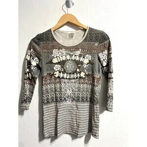 Vintage Skinny Minnie Shirt Small Western Rodeo Rhinestone Gray 3/4 Sleeves Y2K